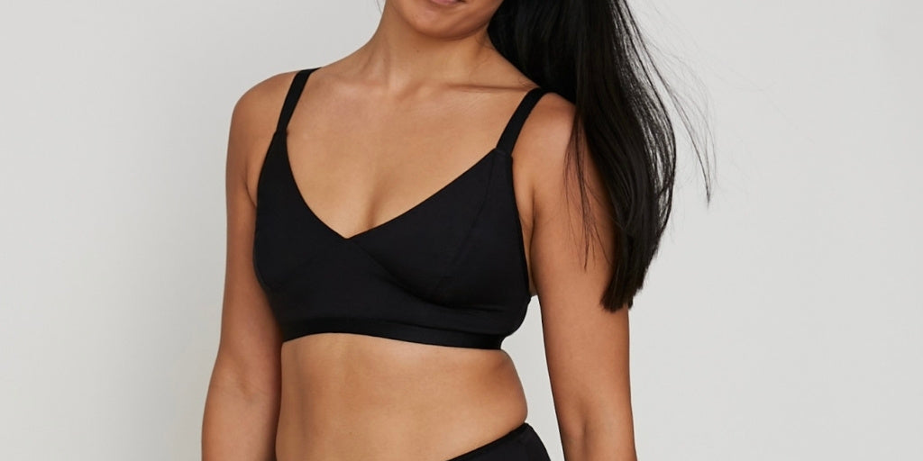 Model posing in the Dana bra and Hestia high-waist knickers in black, showing two popular pieces from our core collection.